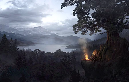 AI艺术 风景 营火 树木 山脉 湖泊 森林 孤独
