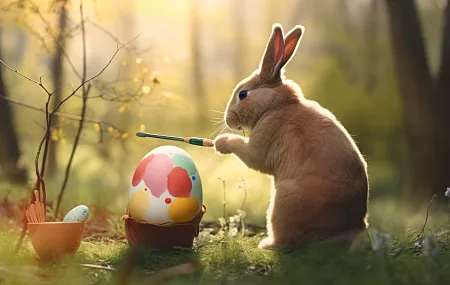 艺术 兔子 复活节 彩蛋 绘画 动物 树木 森林 