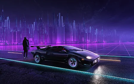 兰博基尼 霓虹灯 城市景观 复古风格 超级跑车 网格 道路 夜间 