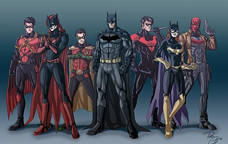 芭芭拉·戈登 蝙蝠女 布鲁斯·韦恩 迪克·格雷森 杰森·托德 凯特·凯恩 罗宾 漫画 蒂姆·德雷克 蝙蝠侠 蝙蝠女 漫画 达米安·韦恩 夜莺 红帽 红罗宾 新 超级英雄 AI艺术 简单背景 