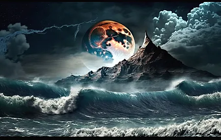 艺术 插图 月亮 波浪 海 山 云 水 