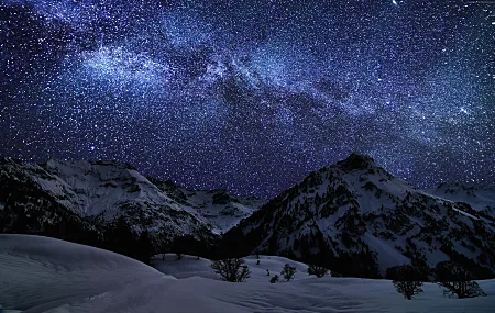 风景 山 雪 银河 星星 自然 星夜 天空 雪峰  电脑壁纸 4K壁纸