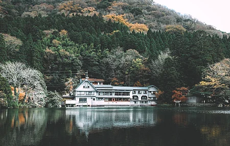 风景 山脉 植物 泻湖 水 房屋 树木 倒影  电脑壁纸 4K壁纸