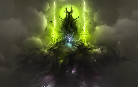 虚构 灵魂 AI艺术 幻想艺术 黑暗 魔法 闪电 绿色 云 恶魔 生物 虚构的生物 薄雾 大气 环境 元素 动物 球体 乌鸦 恶魔艺术 鸟 