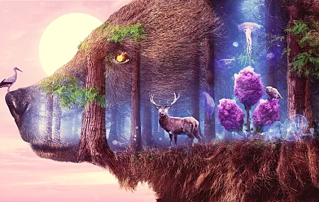 AI艺术 插图 自然 树木 森林 奇幻艺术 动物 鹿 狼 灯 风景 猫头鹰 水母 