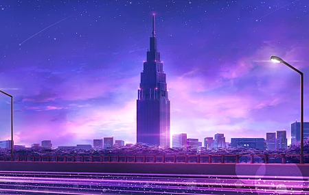 AI艺术 紫色 城市 景观 城市 城市景观 摩天大楼 建筑 建筑 灯光 城市灯光 星星 彗星 路灯 塔 东京 新宿 基米诺那瓦 