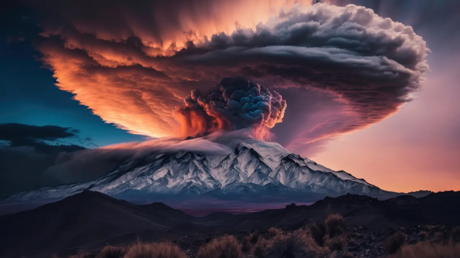 自然 天空 风景 火山 喷发 烟雾 艺术 山脉  电脑壁纸 4K壁纸