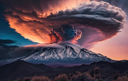 自然 天空 风景 火山 喷发 烟雾 艺术 山脉  电脑壁纸 4K壁纸