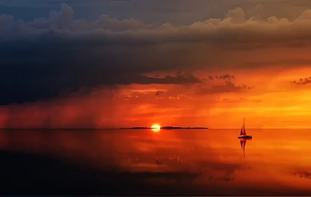 风景 日落 水 海 帆船 