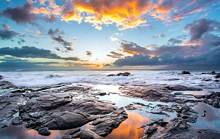 水 海 日落 海岸 云 海浪 石头 风景 自然 天空 阳光  电脑壁纸 4K壁纸