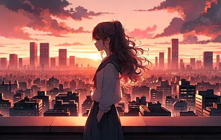 女学生 长发 红发 动漫女孩 校服 城市景观 日落 夕阳辉光 天空 风景  电脑壁纸 4K壁纸