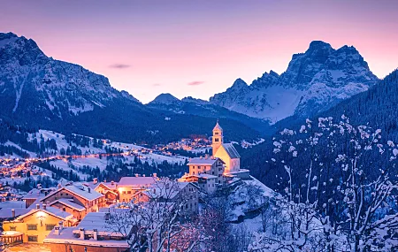 风景 冬季 雪地 自然 村庄 山脉 灯光  电脑壁纸 4K壁纸