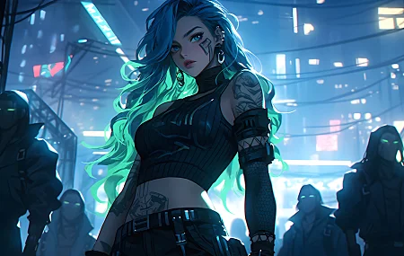 长发 赛博朋克 科幻小说 黑色服装 蓝色 绿色 夜晚 艺术 中途 纹身 动漫 动漫女孩 AI艺术 