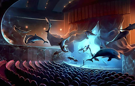  AI艺术 奇幻艺术 素描 绘画 数字绘画 风景 戏剧 灯光 动物 海豚 五颜六色 舞台 舞台灯光 超现实 椅子 红色椅子 漂浮 概念艺术 环境 水 大气 青色 