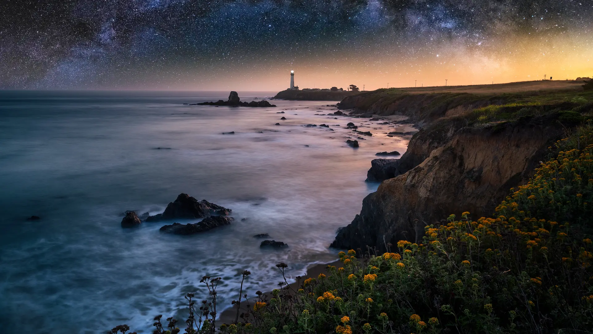 风景 夜景 摄影 灯塔 梦境 自然 大海 悬崖 日落  电脑壁纸 4K壁纸