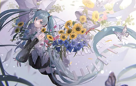 长发 蓝头发 蓝眼睛 初音 花 蝴蝶 向日葵 高角度 双尾 小提琴 动漫女孩 