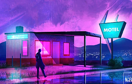 虚拟人物 行走 AI艺术 绘画 数字绘画 霓虹灯 赛博朋克 彩色 发光 紫色 粉色 青色 蓝色 反射 插图 剪影 汽车旅馆 环境 建筑 风景 户外 