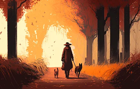 艺术 橙色 插图 狗 秋天 路径 动物 树木 