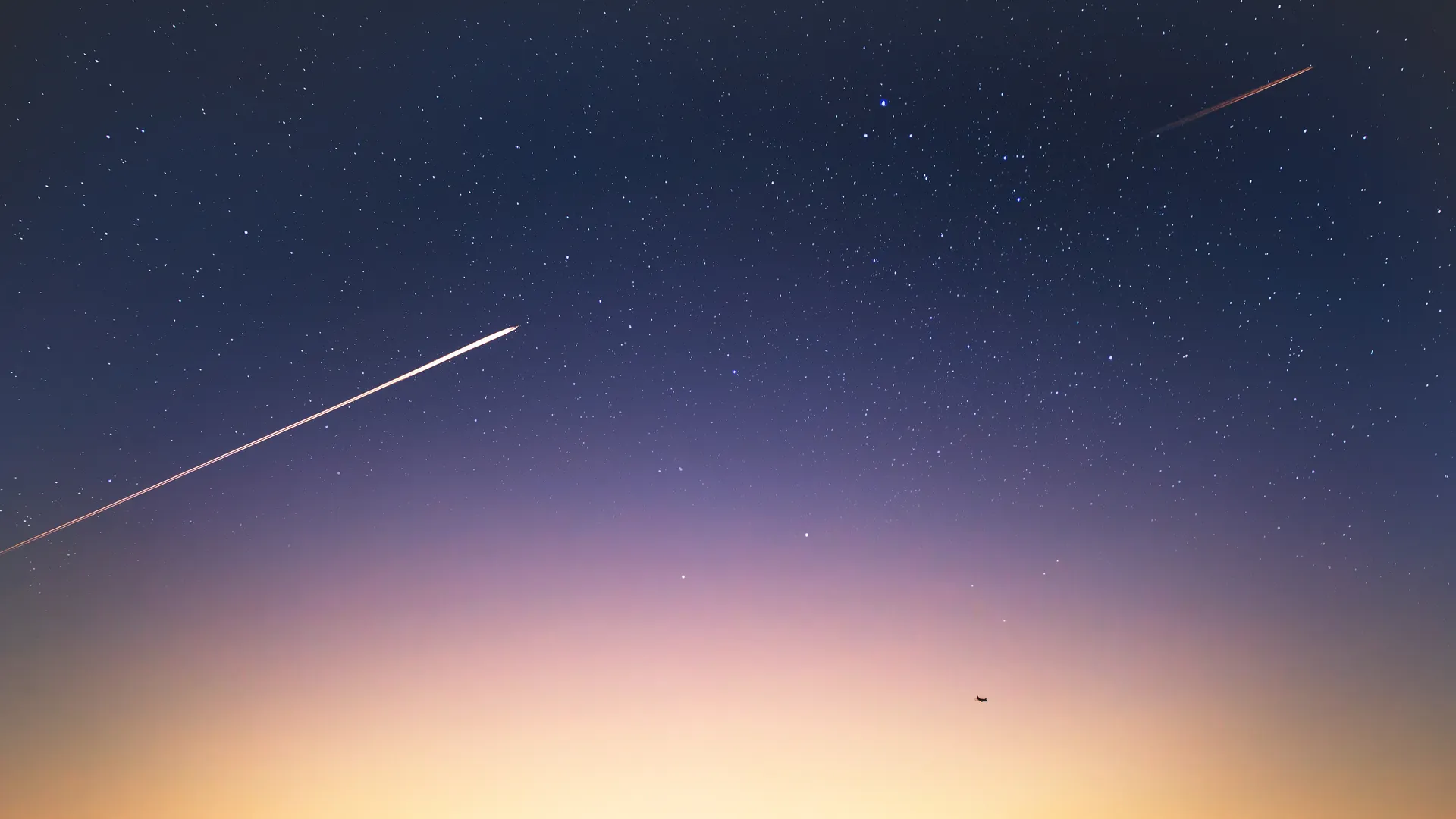 摄影 黄昏 夜晚 夜晚 天空 星星 繁星之夜 太空 自然 陨石 流星 日落 轨迹 飞机  4K壁纸