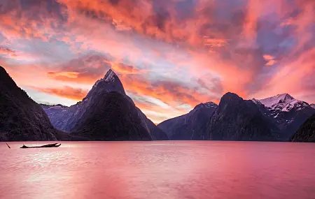 雪峰 风景 夕阳 红天 群山  4K壁纸