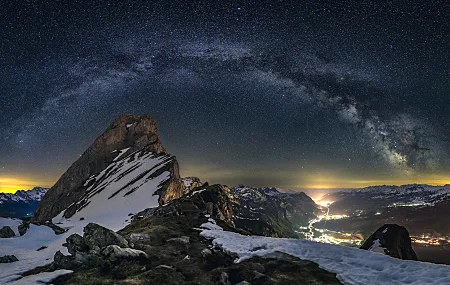 岩石 夜晚 雪 星星 繁星之夜  4K壁纸