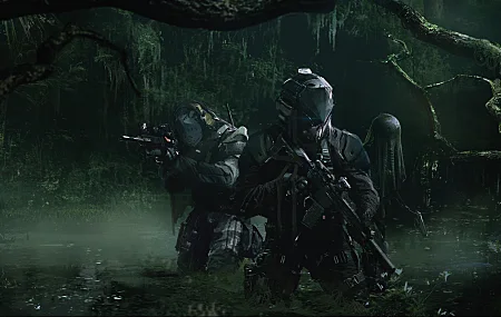 游戏CG人物 士兵 汤姆·克兰西的幽灵侦察断点 装甲 沼泽 战术 突击步枪 灌木丛 