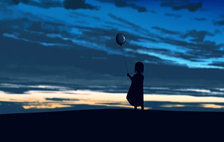 优雅 动漫 图片 动漫女孩 地平线 云彩 天空 日落 剪影 气球 