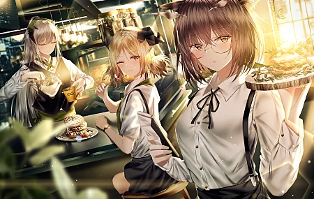 女服务员 动漫女孩 动漫 AI艺术 明日方舟 咖啡馆 餐厅 4K壁纸