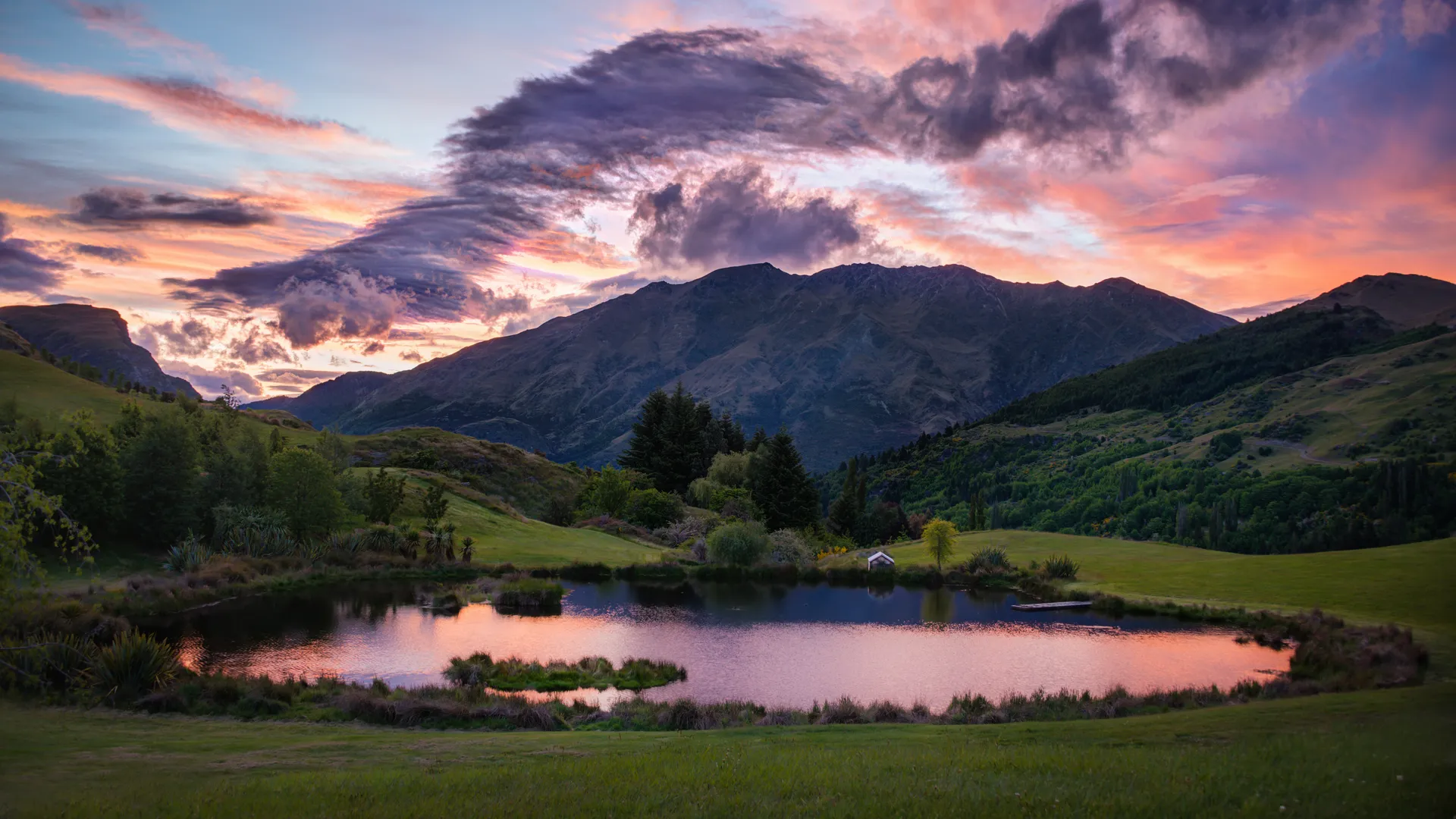 风景 自然 山 云 湖 水 树 夕阳辉光  4K壁纸