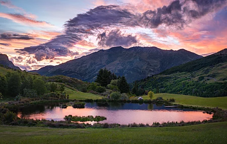 风景 新西兰 自然 山 云 湖 水 树 夕阳辉光 