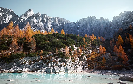 山脉 自然 湖泊 树木 岩石 天空 风景  4K壁纸