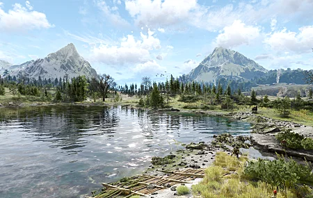 巫师：狂野狩猎 屏幕截图 水 游戏CG艺术 游戏CG 树 天空 云 雪 山 自然 反射 风景 