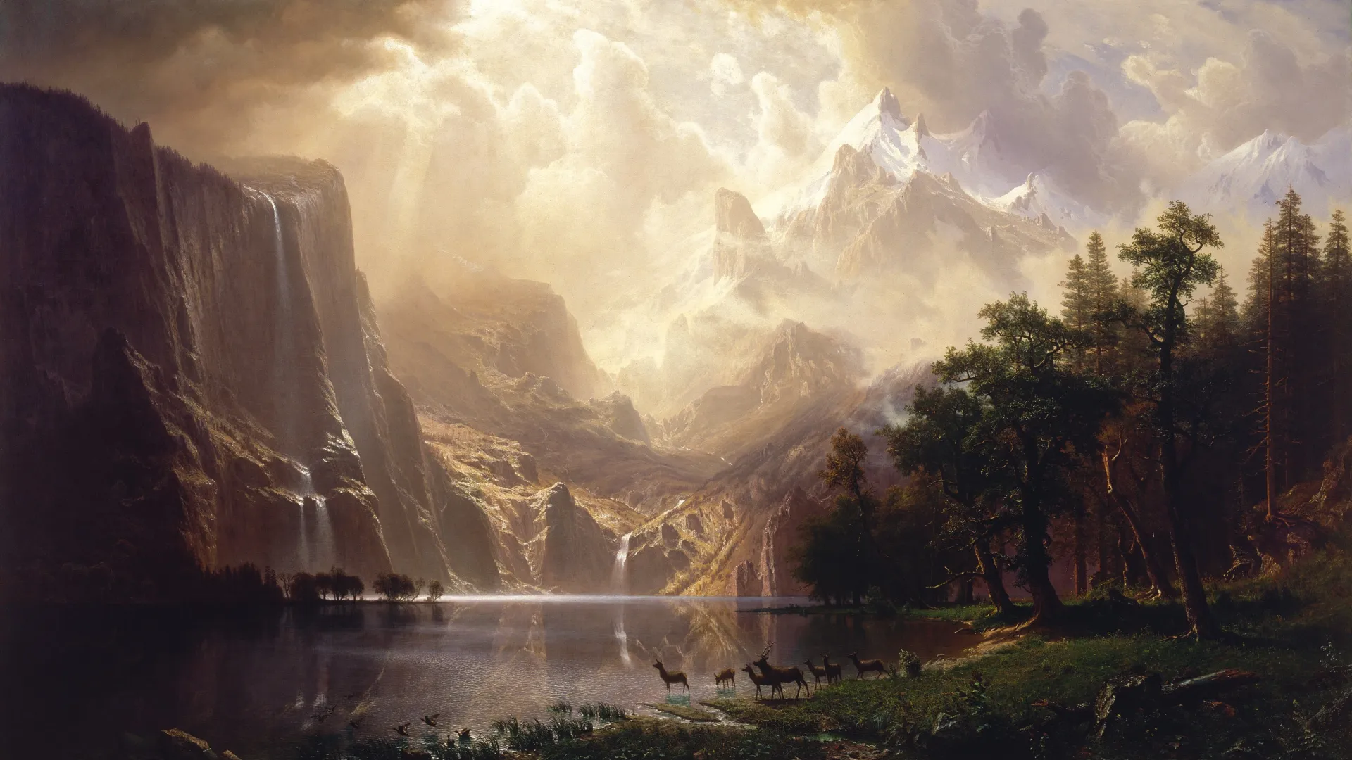 阿尔伯特·比尔施塔特，绘画，风景，山，云，艺术品，荒野，奇幻艺术，天空，阳光，鹿，动物，哺动物，自然，电脑壁纸，4K壁纸
