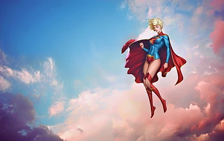 超女，Artgerm，女人，奇幻女孩，腿，金发女郎，超人，超级英雄，超级英雄，艺术品，DC漫画，斗篷，天空，电脑壁纸，4K壁纸