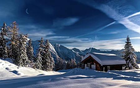 自然 风景 冬天 雪 天空 云 树 房子  4K壁纸