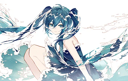 动漫 动漫女孩 初音 双尾 水 海浪 4K壁纸