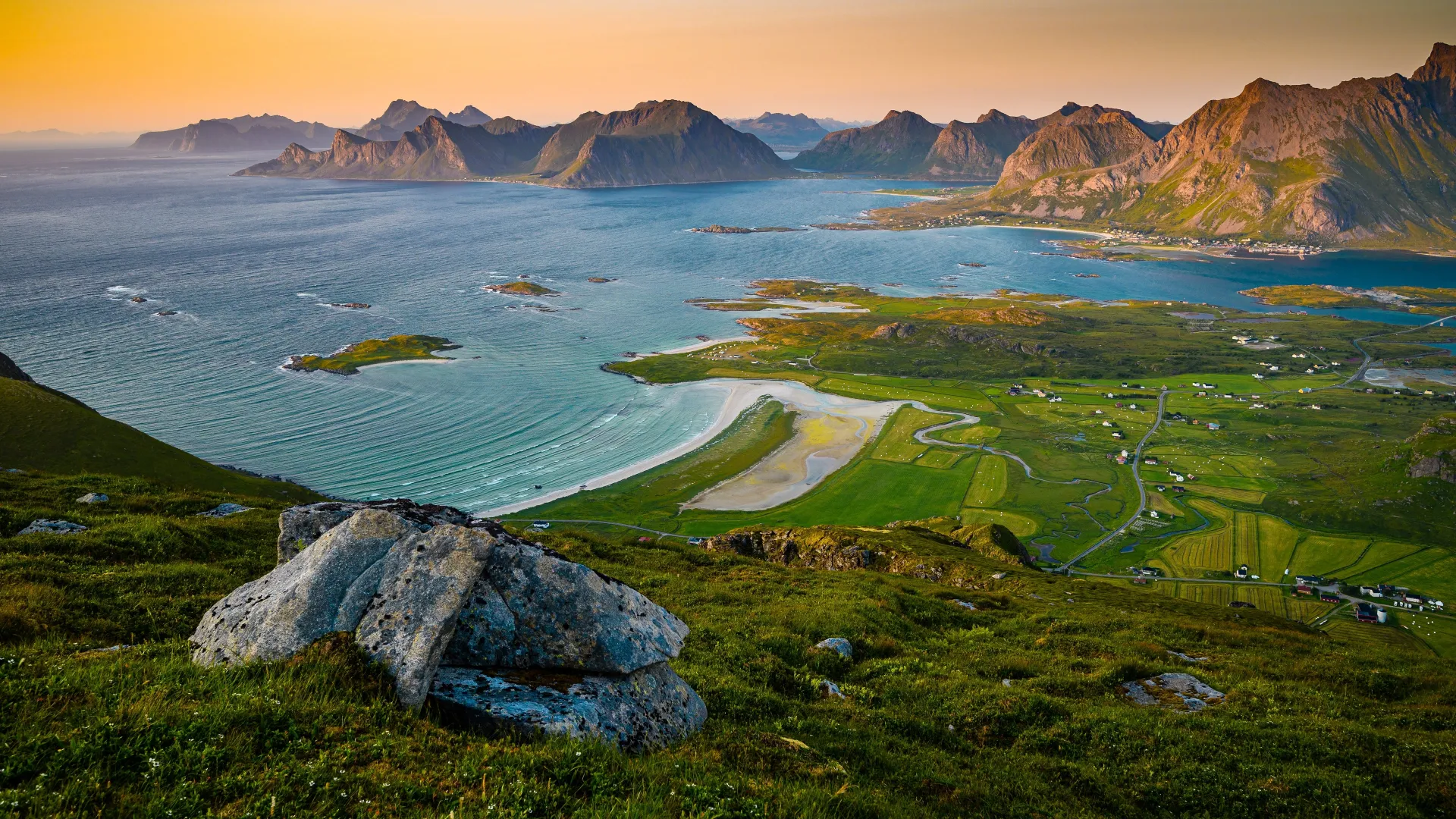 自然，风景，挪威，罗福滕，海洋，田野，海滩，海浪，山脉，电脑壁纸，4K壁纸