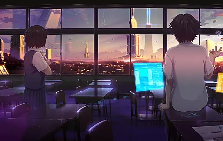 教室 AI艺术 未来主义 科幻小说 全息图 摩天大楼 城市 日落 