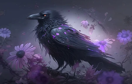 艺术 插图 鸟类 动物 乌鸦 紫色 花 花瓣 