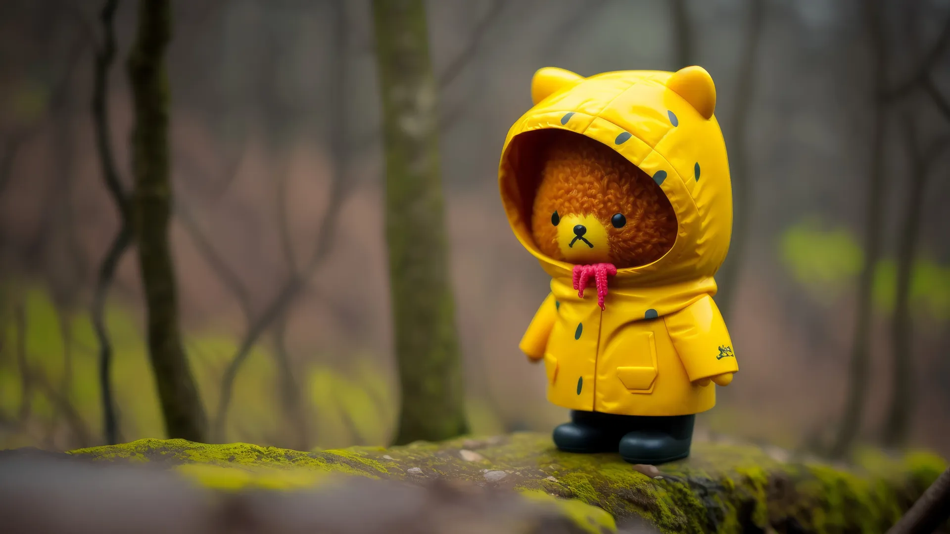 雨衣 小熊 景物 深林 简单背景 4K壁纸