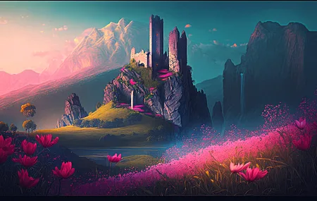 艺术 插图 城堡 花 紫色 草 粉色花 