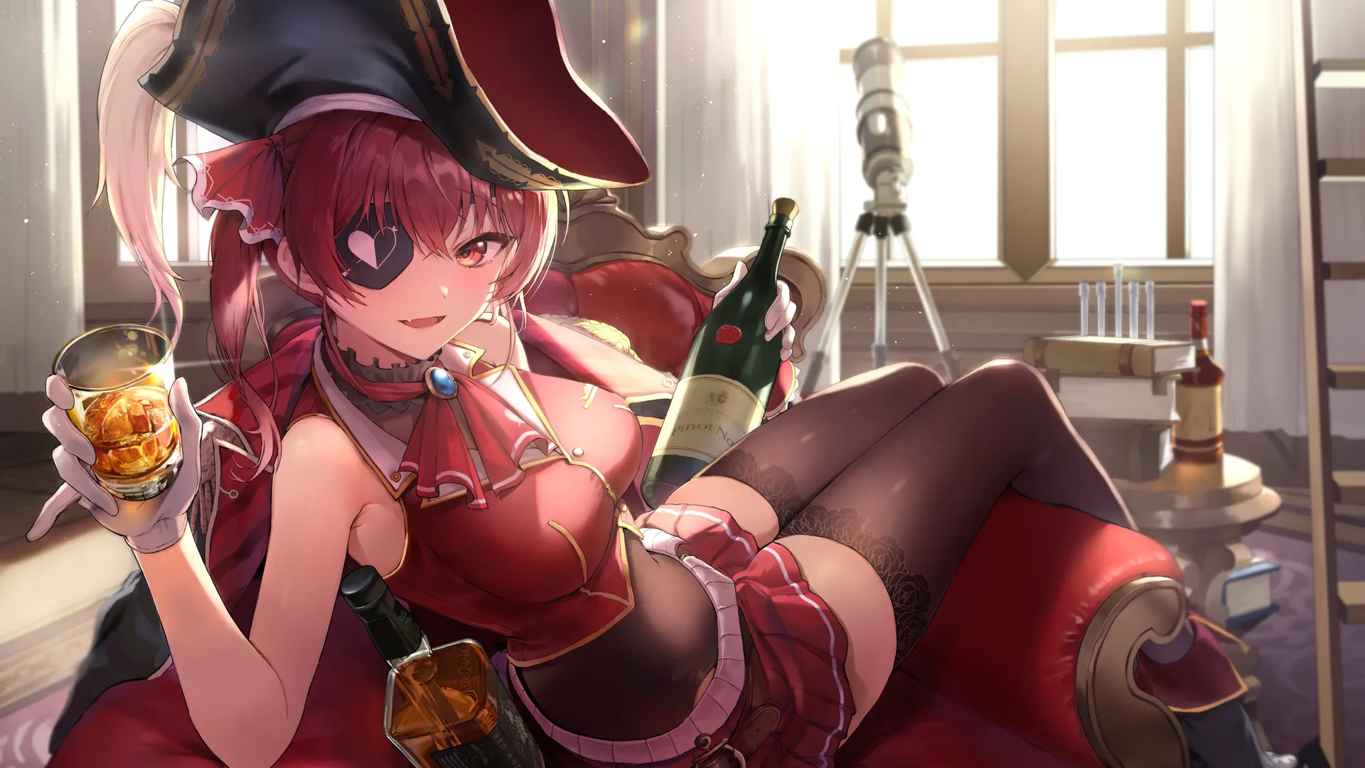 海洋 动漫 动漫女孩 红酒 眼罩 礼服 酒杯 沙发 4K壁纸