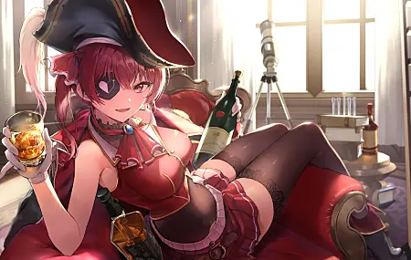 海洋 动漫 动漫女孩 红酒 眼罩 礼服 酒杯 沙发 4K壁纸