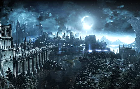 黑暗灵魂 黑暗灵魂 月亮 电子游戏 夜晚 蓝色 来自软件 奇幻城市 奇幻艺术 游戏CG艺术 
