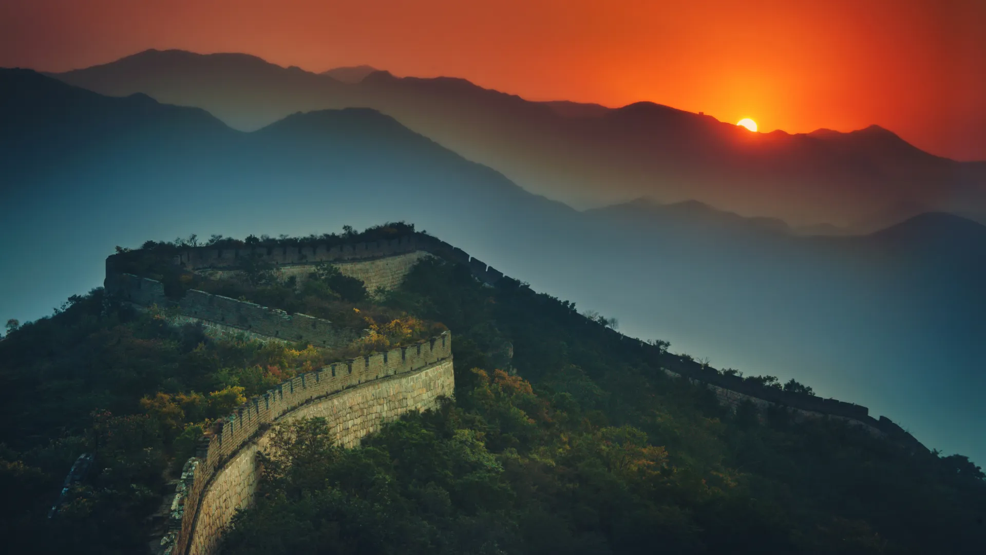 风景 中国长城 夕阳 山顶 自然 