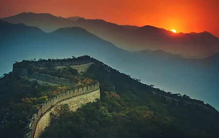 风景 中国长城 夕阳 山顶 自然 