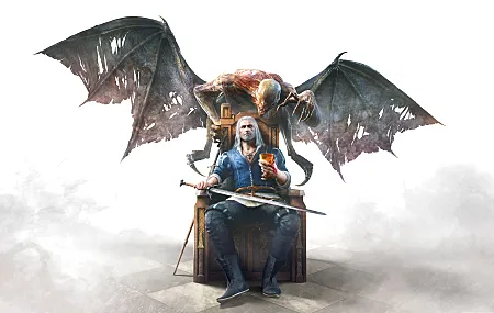 里维亚的杰拉特 白发 吸血鬼 巫师 AI艺术 游戏CG 巫师：狂野猎杀 翅膀 剑 王座 巫师：狂野猎杀-血与酒 