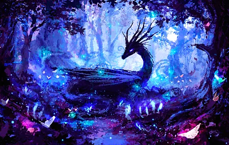 AI艺术 彩色 图片 灯光 龙 森林 夜 魔法 树 角 粉色 蓝色 夜晚 生物 蝴蝶 薄雾 萤火虫 水彩