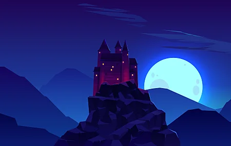 城堡 山脉 月亮 岩石 夜晚 极简主义 蓝色 天空 AI艺术