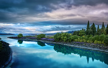 特雷·拉特克利夫 摄影 新西兰 特卡波湖 风景 树木 水 山 反射 自然 天空 云 海